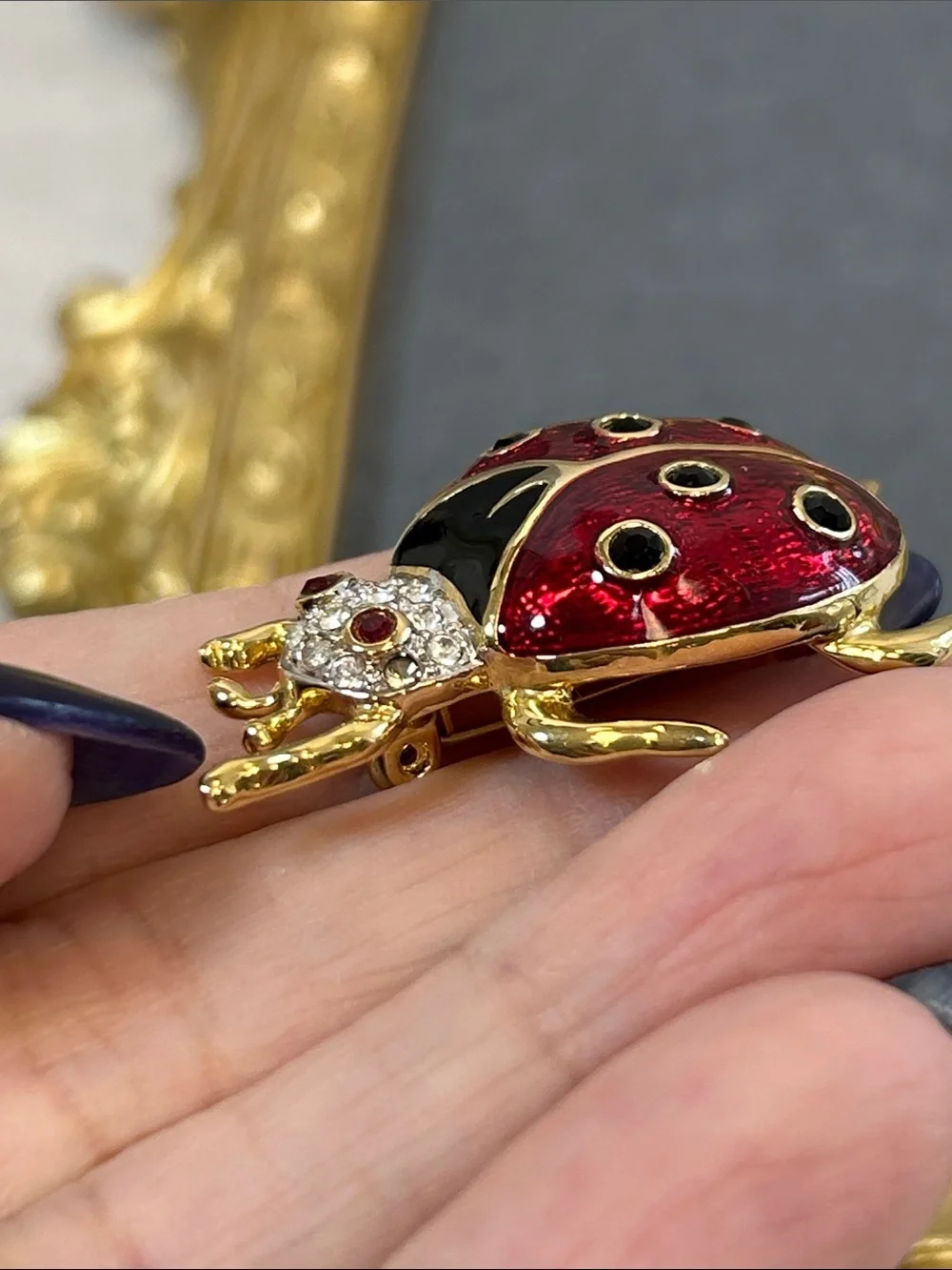 Red Enamel & Crystal Ladybug Pin Brooch